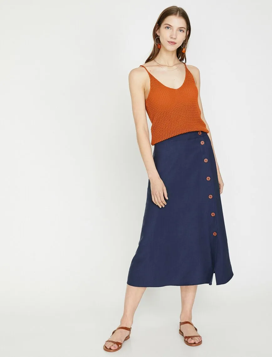 11927 Navy Button Detailed Midi Skirt