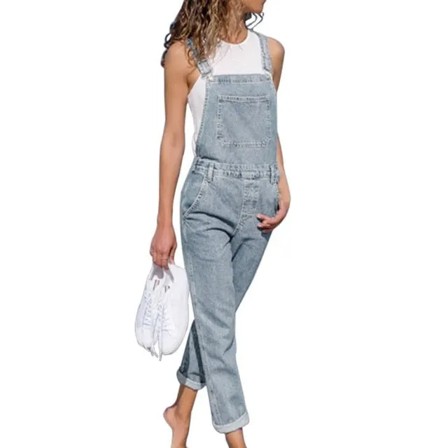 2021 New Fashion Lady Blue Denim Overalls Jumpsuit Rompers Belted Hole Hollow Out Pocket Women Casual Female Pants Hot