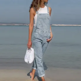 2021 New Fashion Lady Blue Denim Overalls Jumpsuit Rompers Belted Hole Hollow Out Pocket Women Casual Female Pants Hot