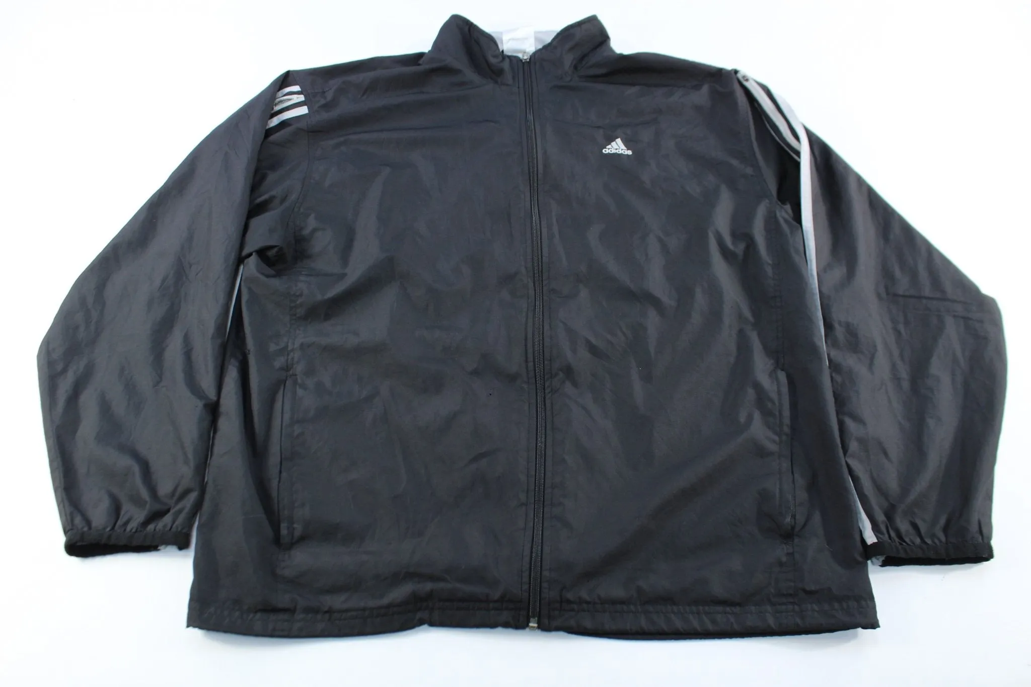 Adidas Embroidered Logo Black & Silver Striped Zip Up Jacket