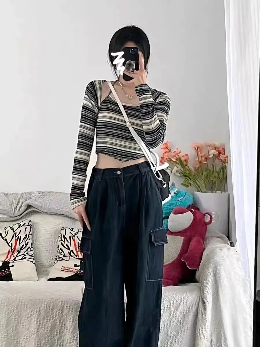 Aiertu Autumn Women Harajuku Cargo Baggy Blue Jeans Streetwear Hip Hop Oversize Casual Wide Leg Vintage Demin Pants Y2k Loose Trousers