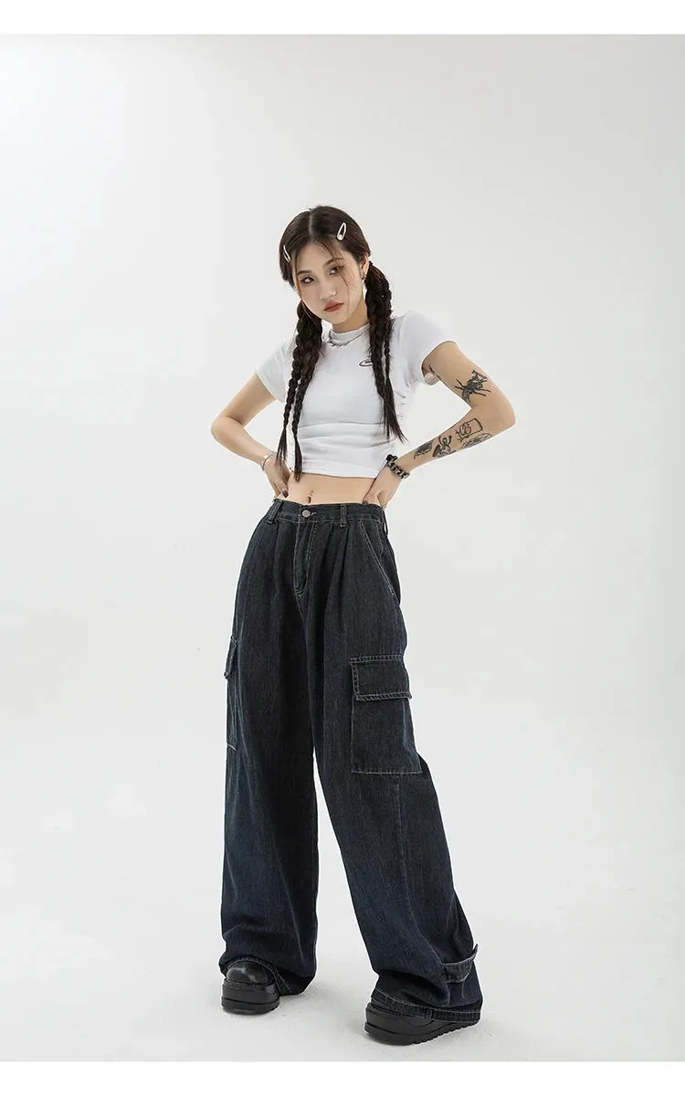 Aiertu Autumn Women Harajuku Cargo Baggy Blue Jeans Streetwear Hip Hop Oversize Casual Wide Leg Vintage Demin Pants Y2k Loose Trousers