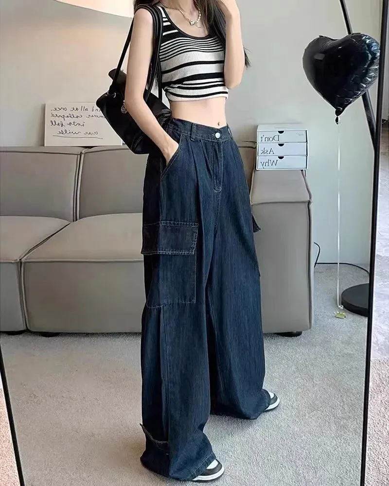 Aiertu Autumn Women Harajuku Cargo Baggy Blue Jeans Streetwear Hip Hop Oversize Casual Wide Leg Vintage Demin Pants Y2k Loose Trousers