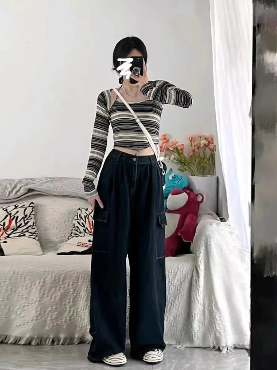 Aiertu Autumn Women Harajuku Cargo Baggy Blue Jeans Streetwear Hip Hop Oversize Casual Wide Leg Vintage Demin Pants Y2k Loose Trousers