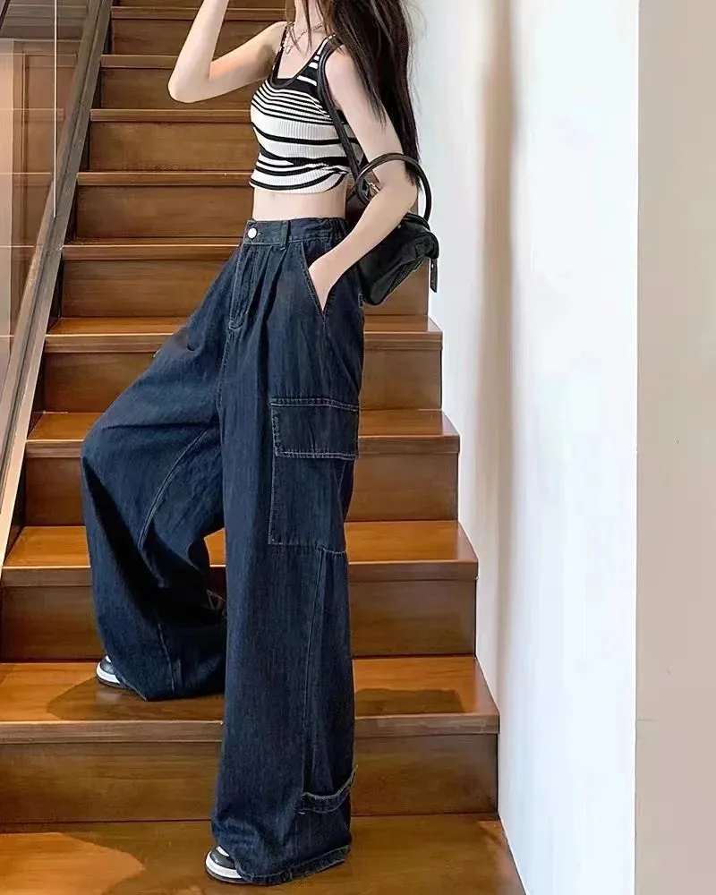 Aiertu Autumn Women Harajuku Cargo Baggy Blue Jeans Streetwear Hip Hop Oversize Casual Wide Leg Vintage Demin Pants Y2k Loose Trousers