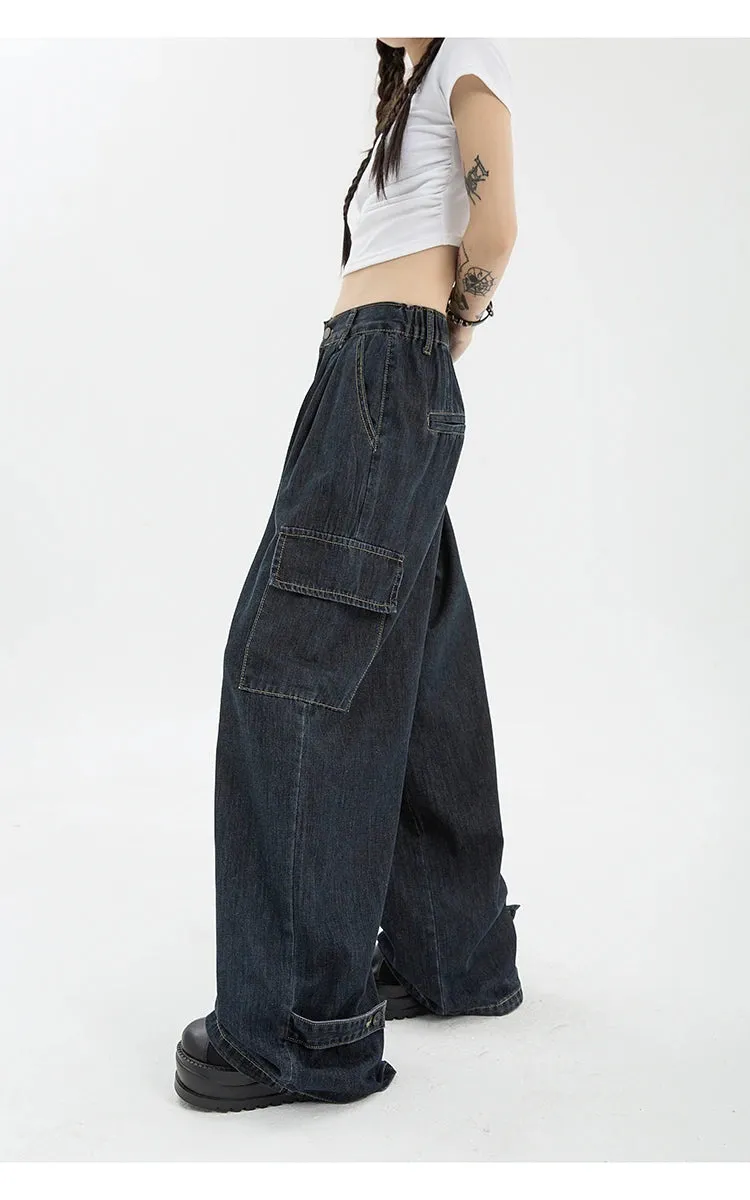 Aiertu Autumn Women Harajuku Cargo Baggy Blue Jeans Streetwear Hip Hop Oversize Casual Wide Leg Vintage Demin Pants Y2k Loose Trousers