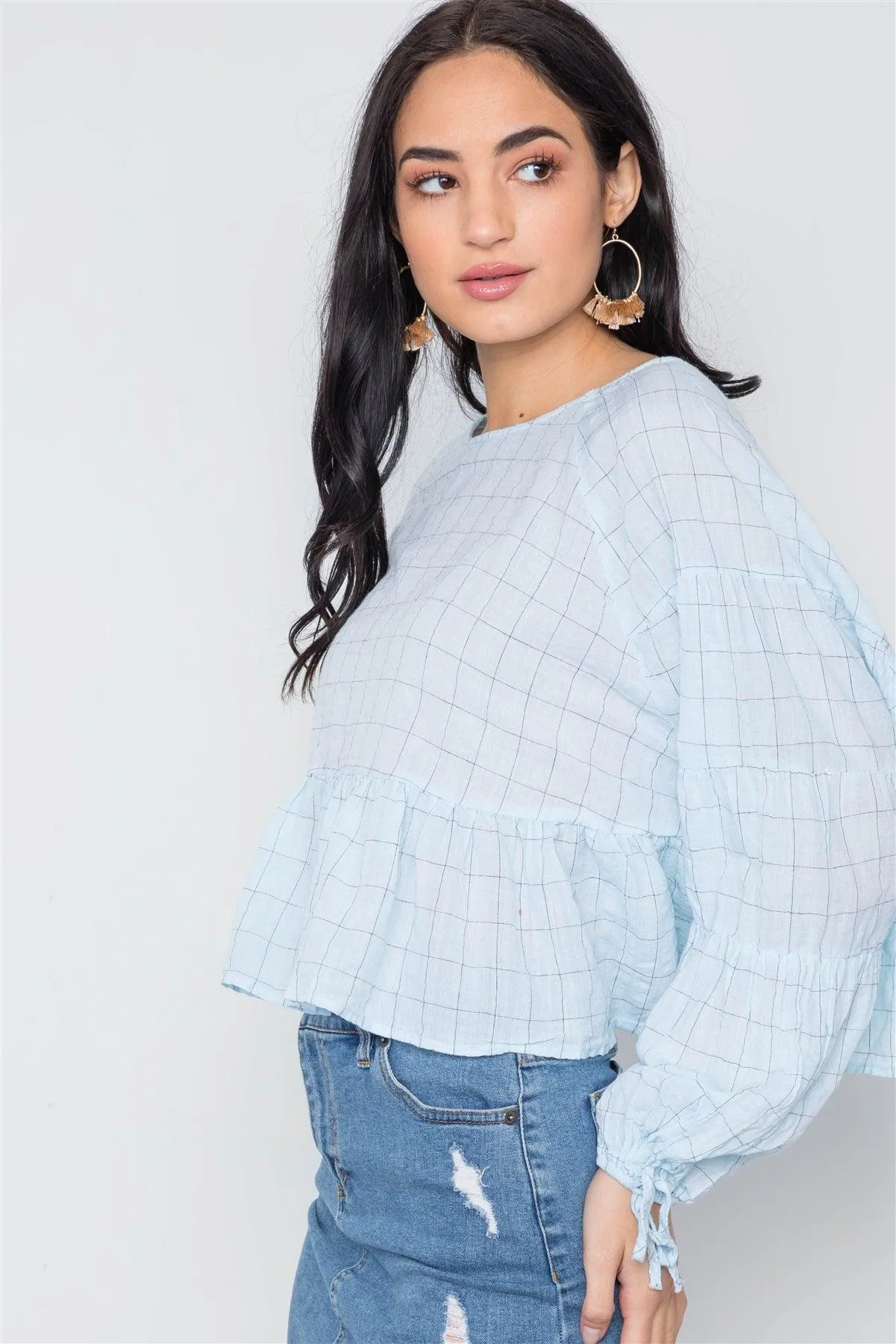 Aqua Checkered Long Sleeve Flounce Crop Boho Top /3-2-1