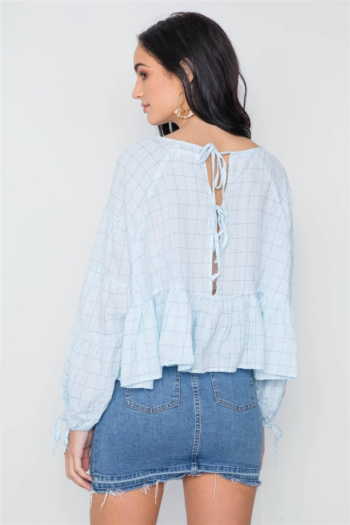 Aqua Checkered Long Sleeve Flounce Crop Boho Top /3-2-1