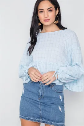 Aqua Checkered Long Sleeve Flounce Crop Boho Top /3-2-1