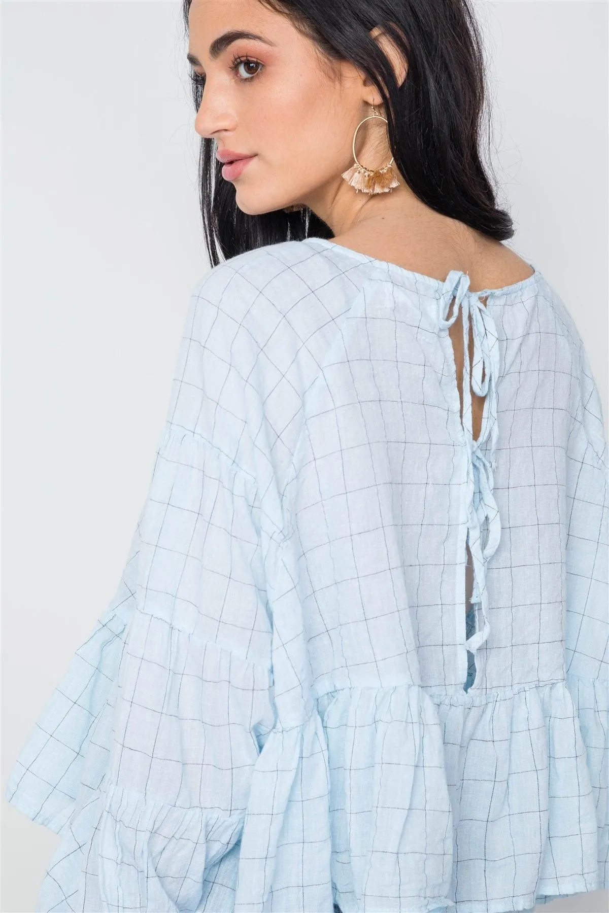 Aqua Checkered Long Sleeve Flounce Crop Boho Top /3-2-1