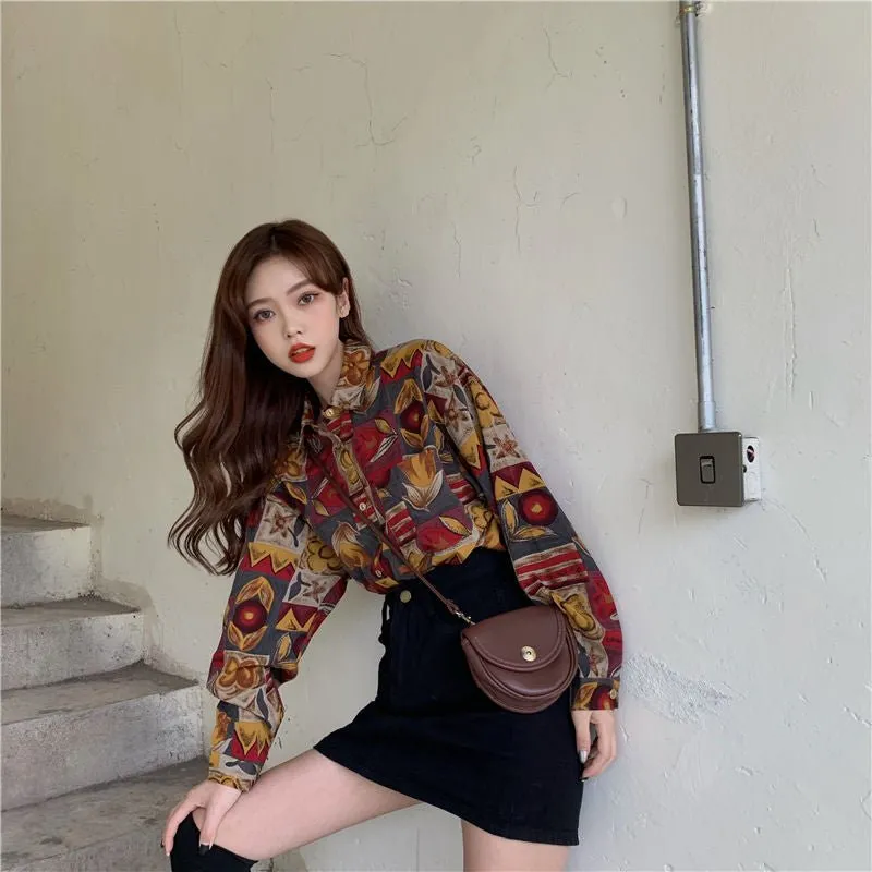 Autumn New Shirt Women's Long-Sleeved Loose Retro Design Floral Shirt Trend