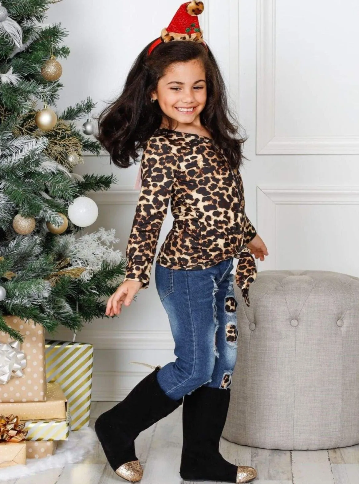 Big Roar Leopard Patched Jeans Set