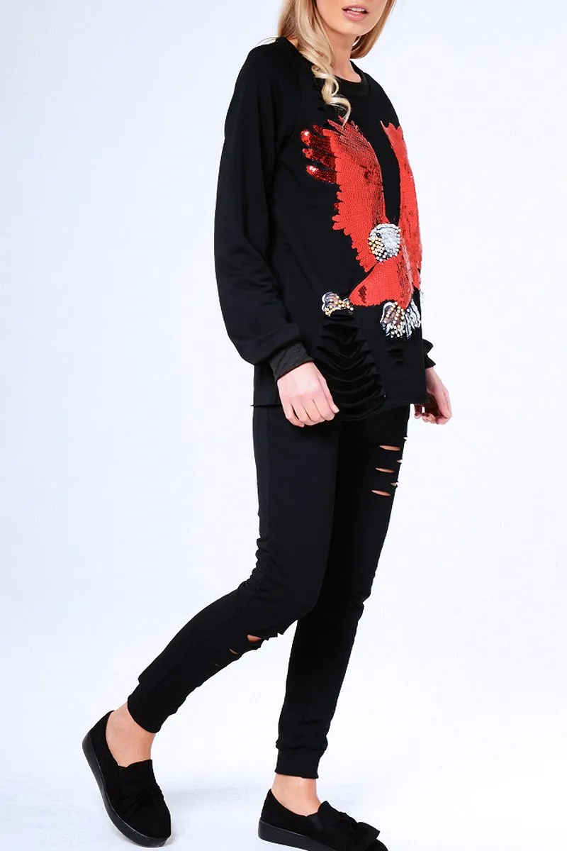 Black Embellished Eagle Distressed Tracksuit - Tiegan