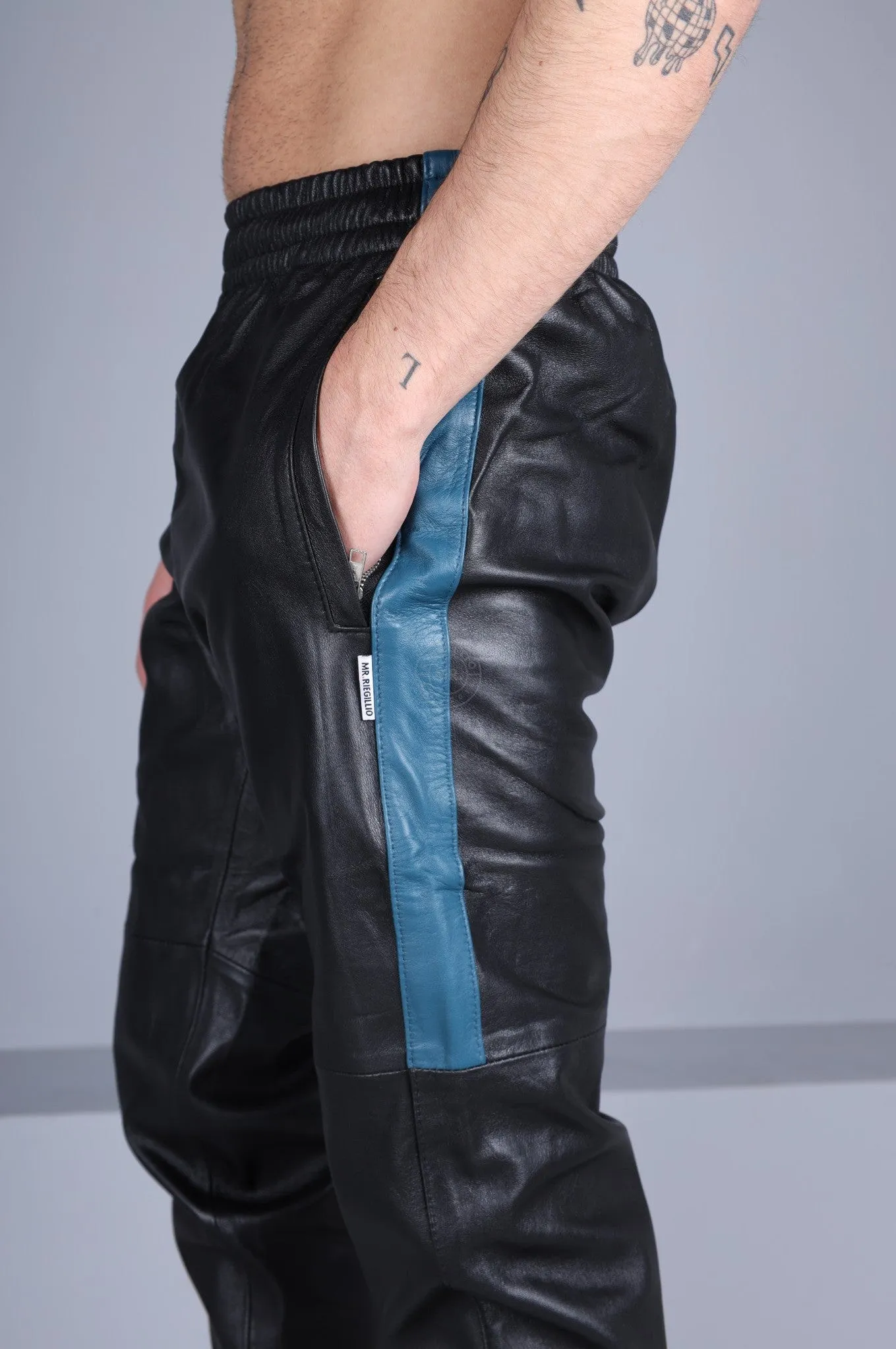 Black Leather Tracksuit Pants - Jeans Blue Stripe