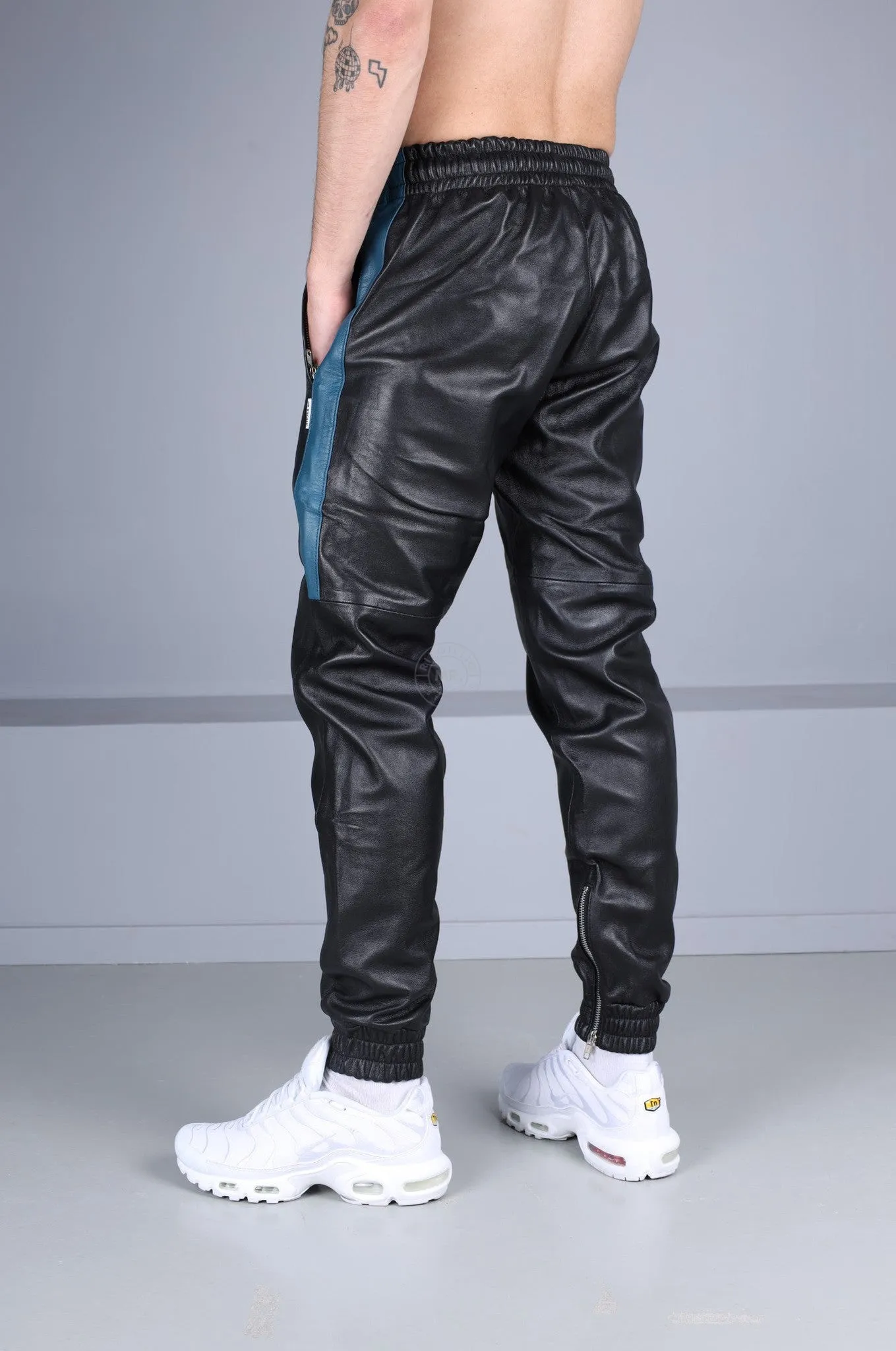 Black Leather Tracksuit Pants - Jeans Blue Stripe