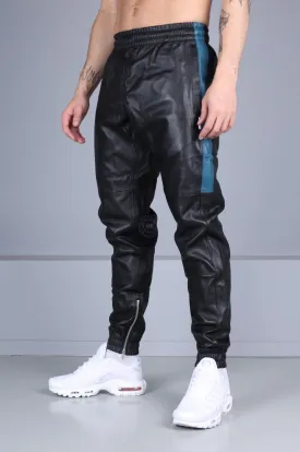 Black Leather Tracksuit Pants - Jeans Blue Stripe