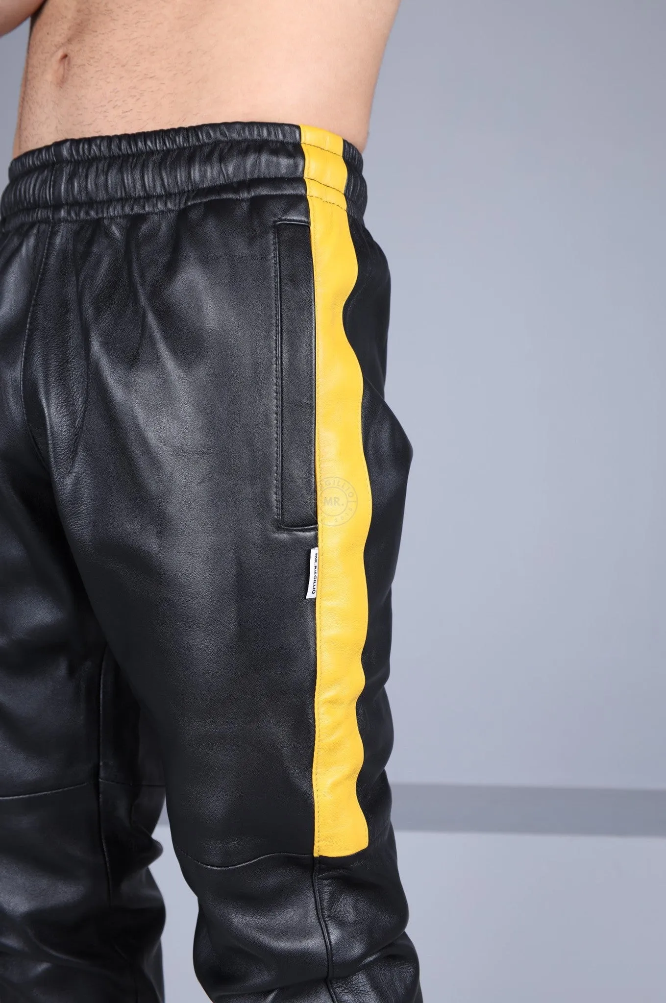 Black Leather Tracksuit Pants - Yellow Stripe