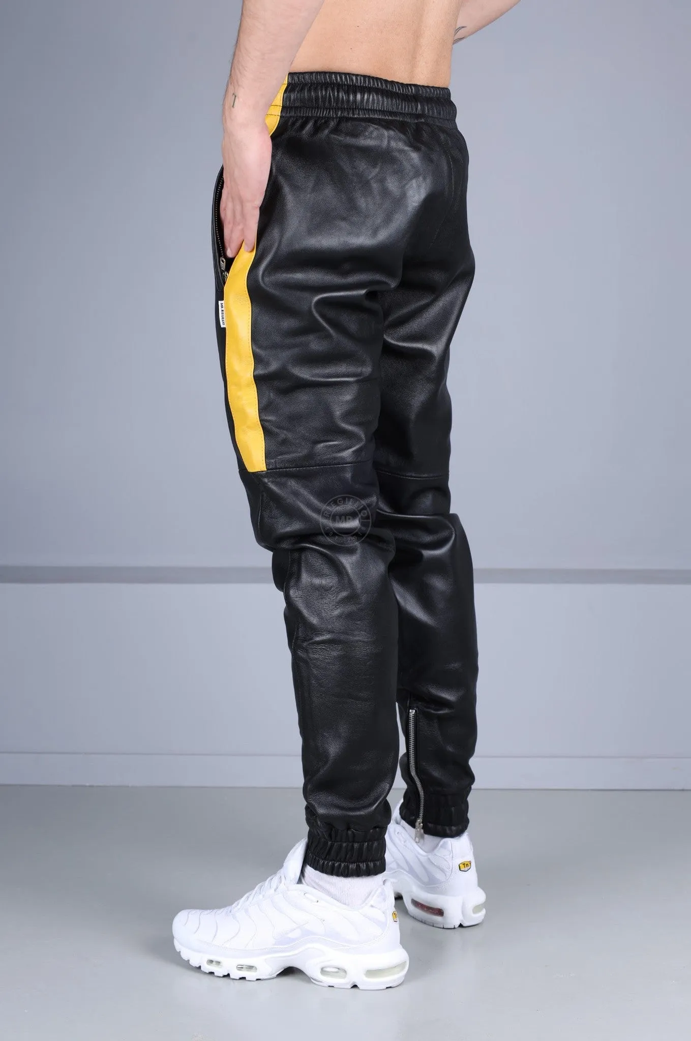 Black Leather Tracksuit Pants - Yellow Stripe