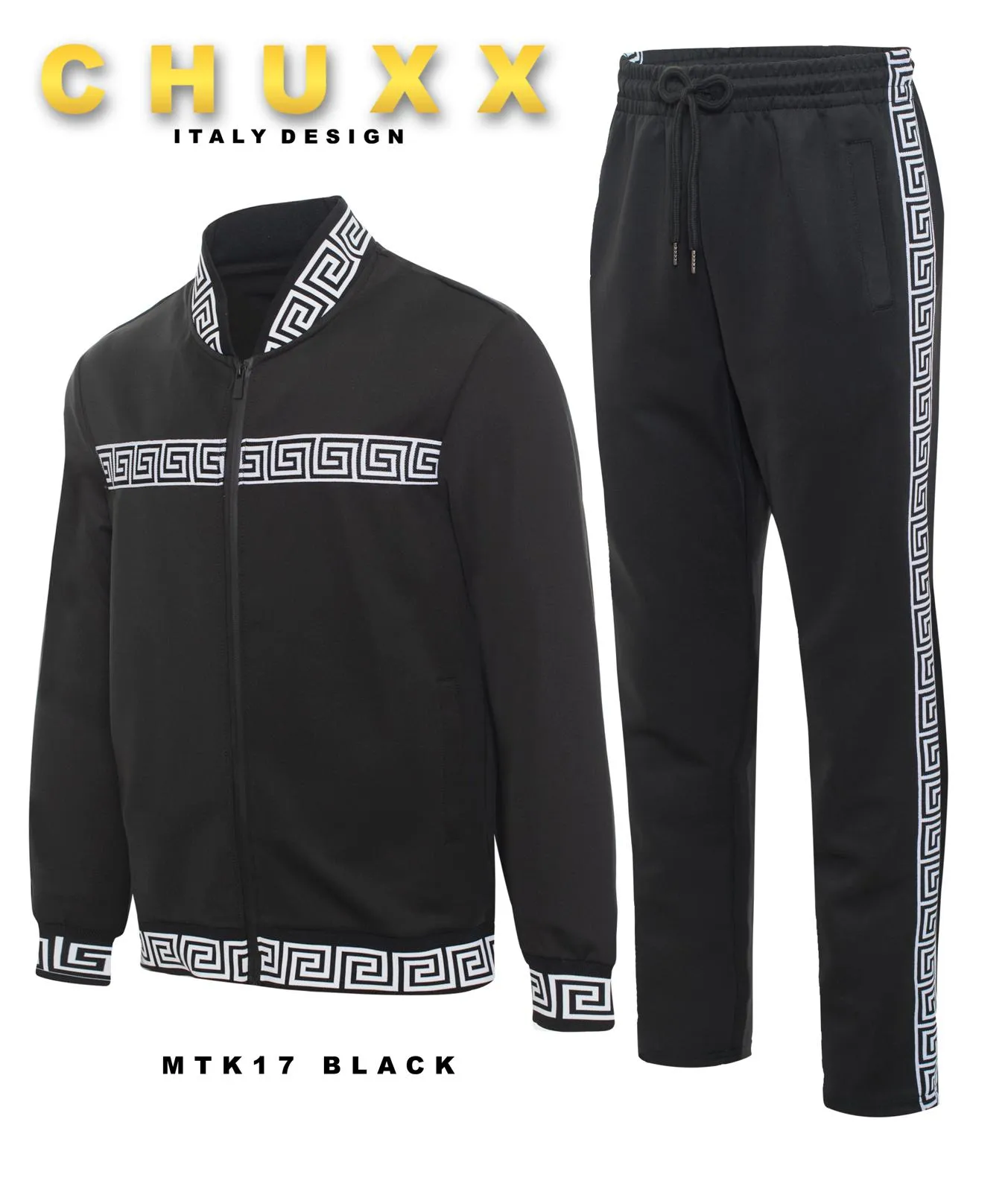 Black Men's Jogging Set Jacket and Pants Fancy Greek Key Design Style No: MTK17