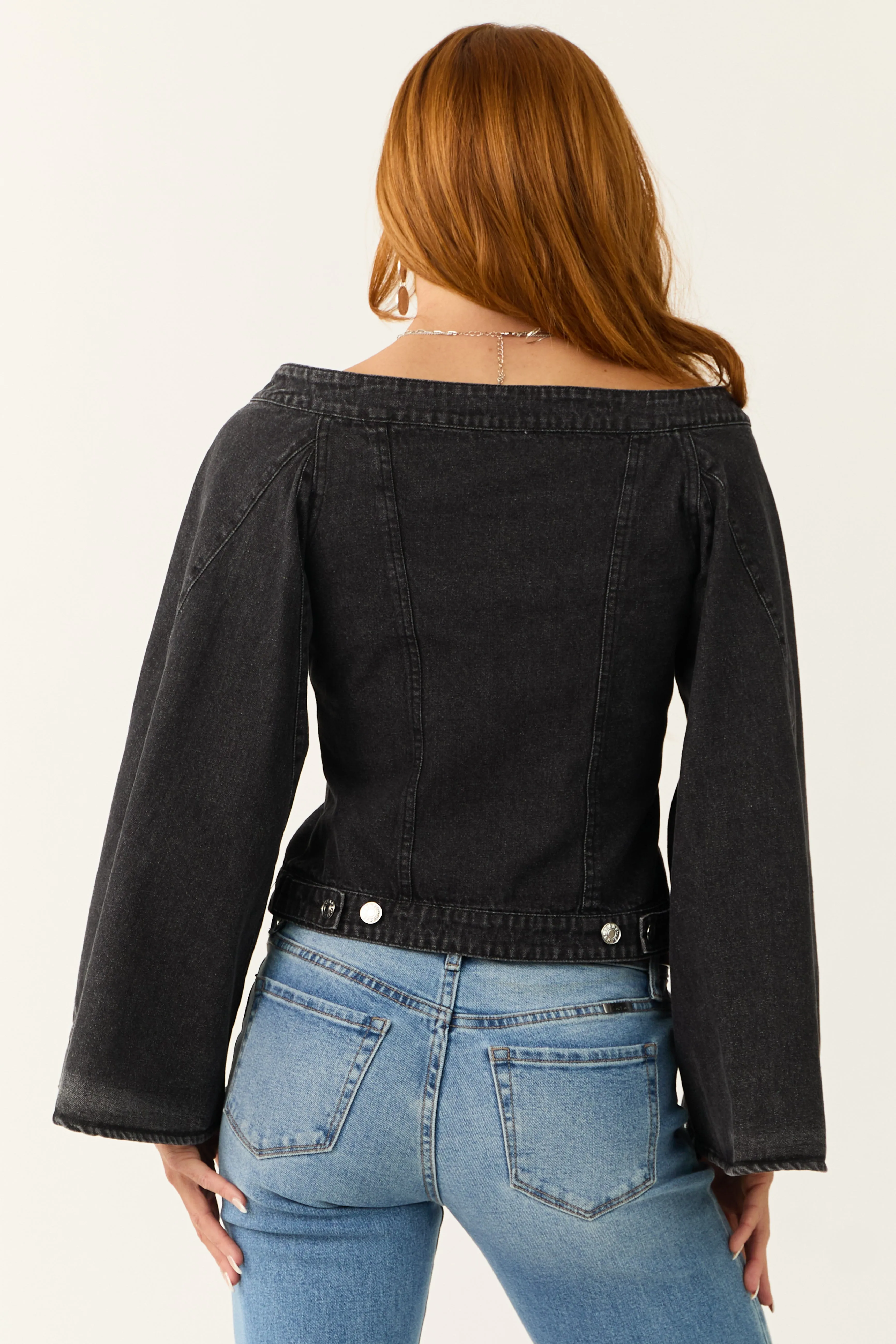 Black Washed Off the Shoulder Denim Jacket