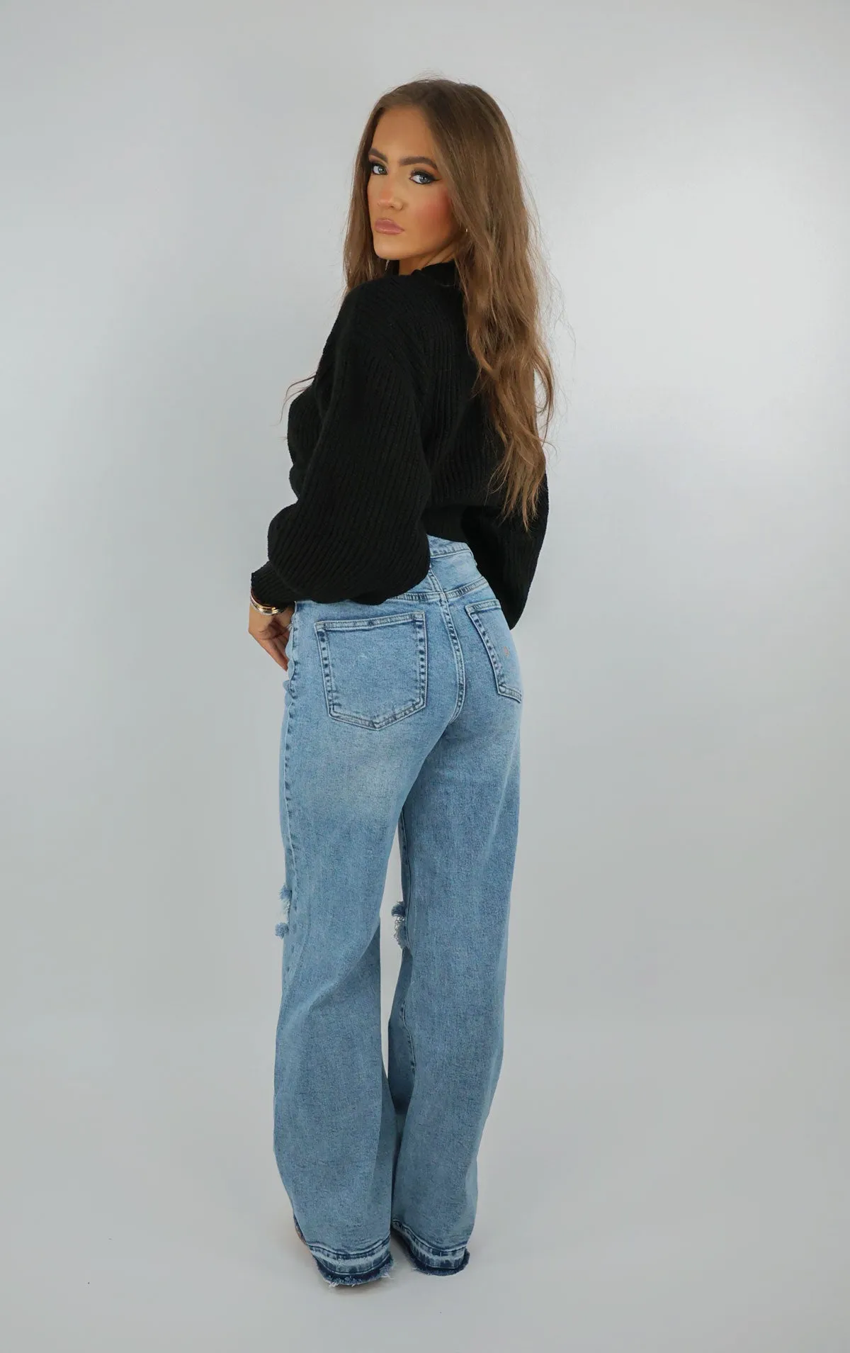 Blue Denim Ripped Distressed Straight Leg Jeans