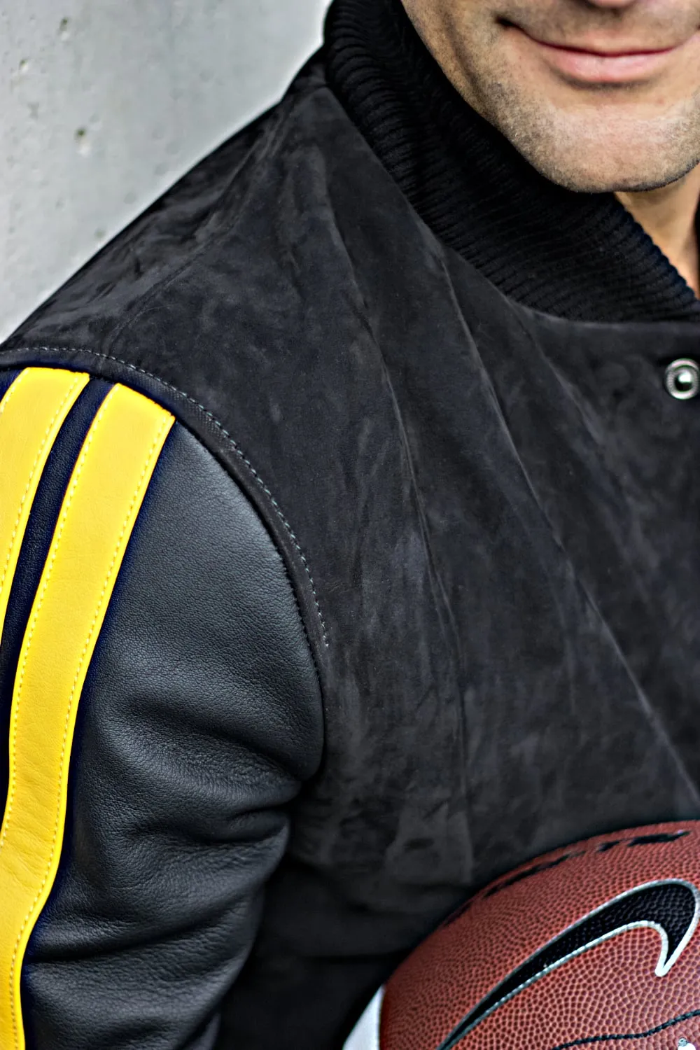 BOSTON Phantom Leather Buffalo Suede Varsity Jacket - Black & Yellow Stripes