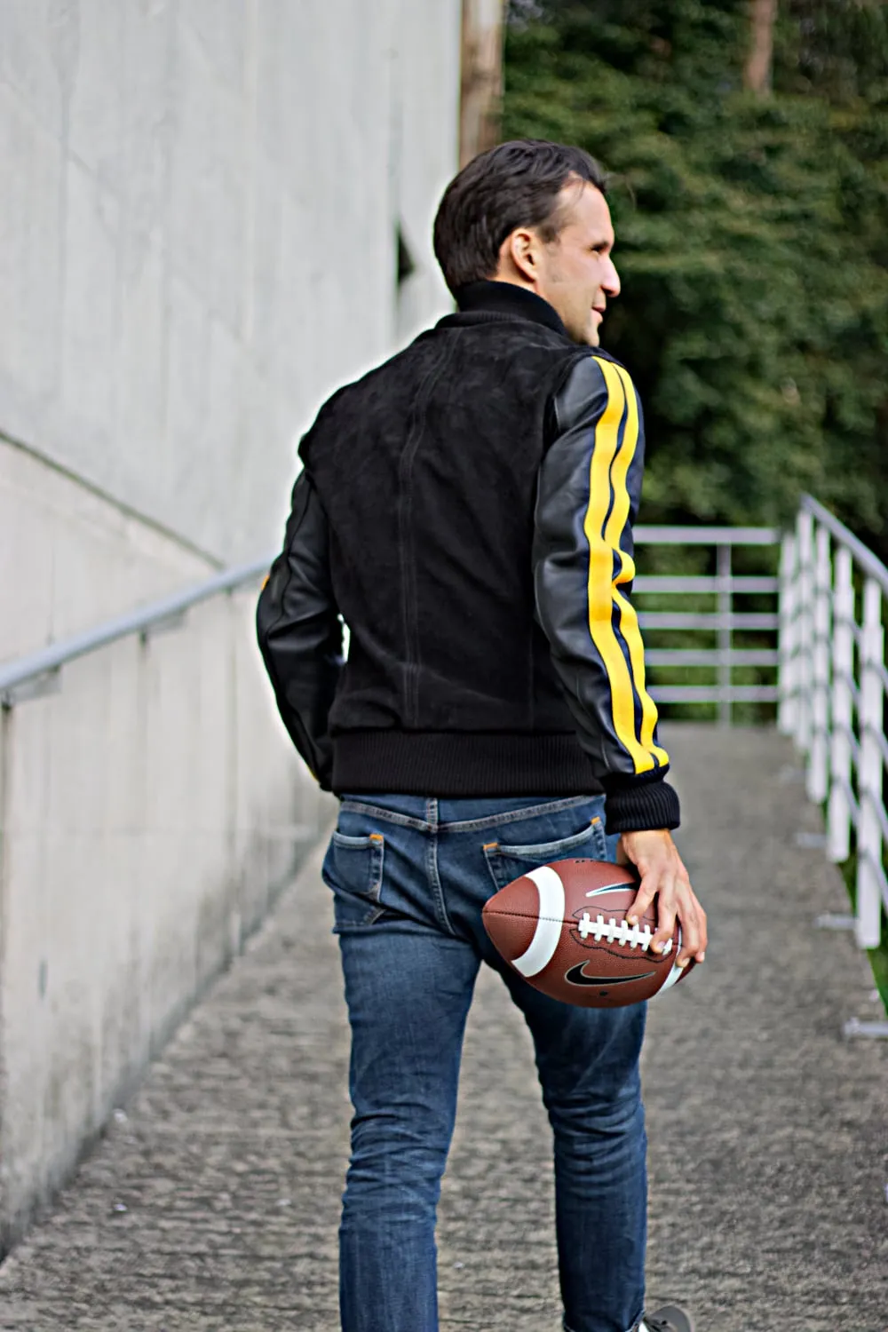 BOSTON Phantom Leather Buffalo Suede Varsity Jacket - Black & Yellow Stripes