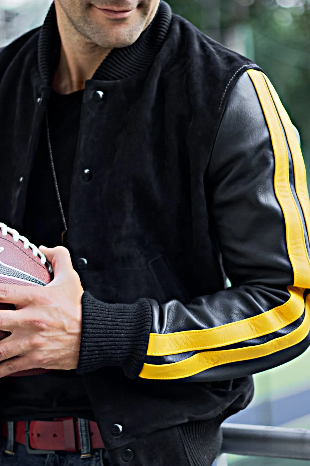 BOSTON Phantom Leather Buffalo Suede Varsity Jacket - Black & Yellow Stripes