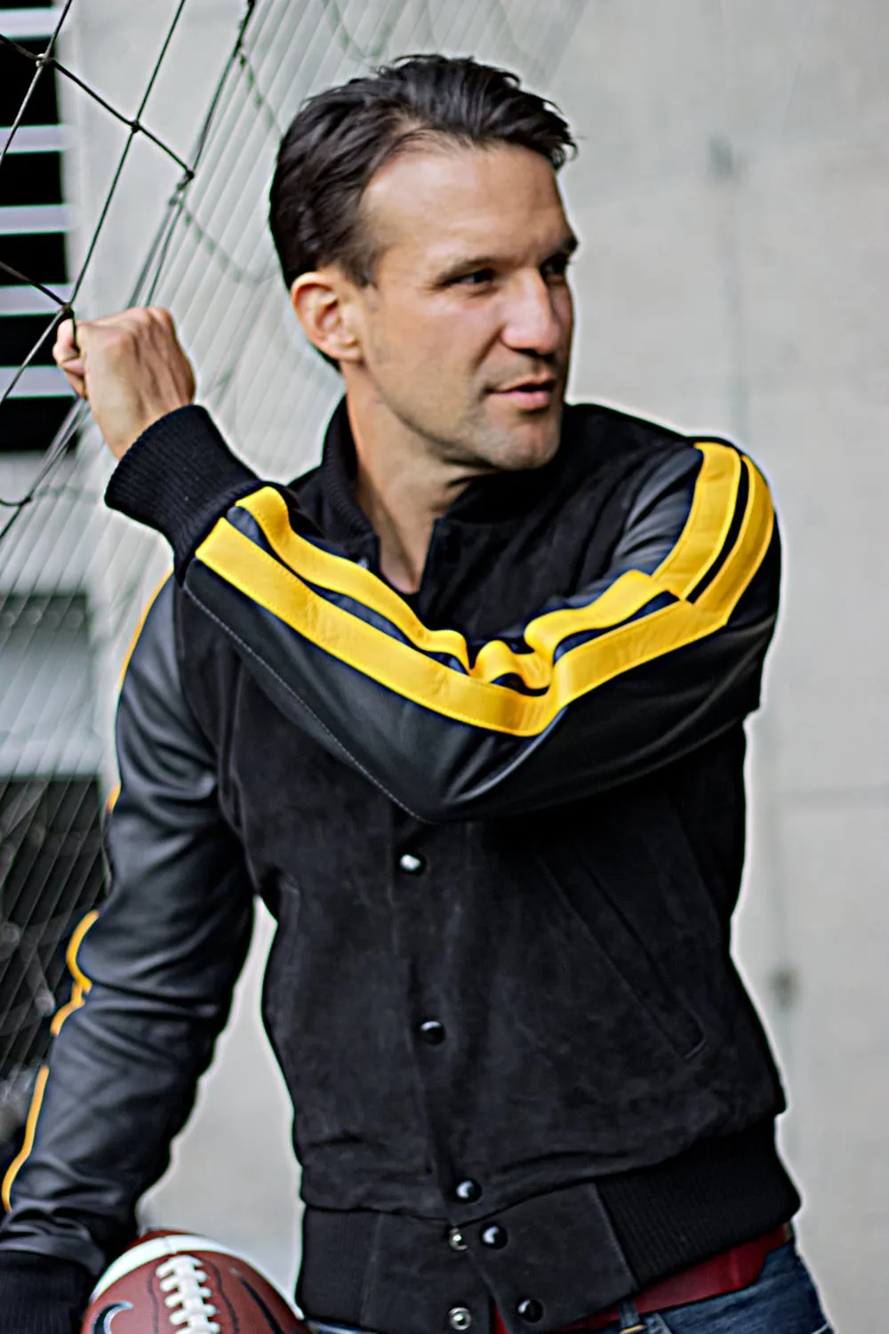 BOSTON Phantom Leather Buffalo Suede Varsity Jacket - Black & Yellow Stripes