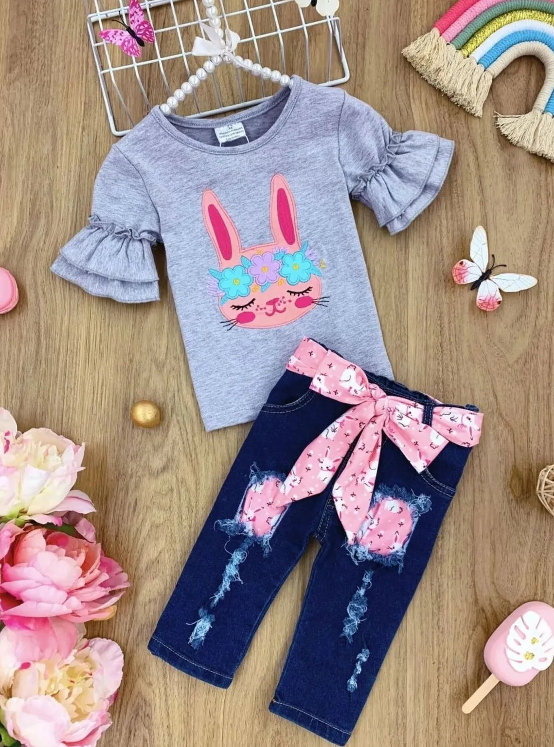 Bunny Beauties Patched Denim Capris Set