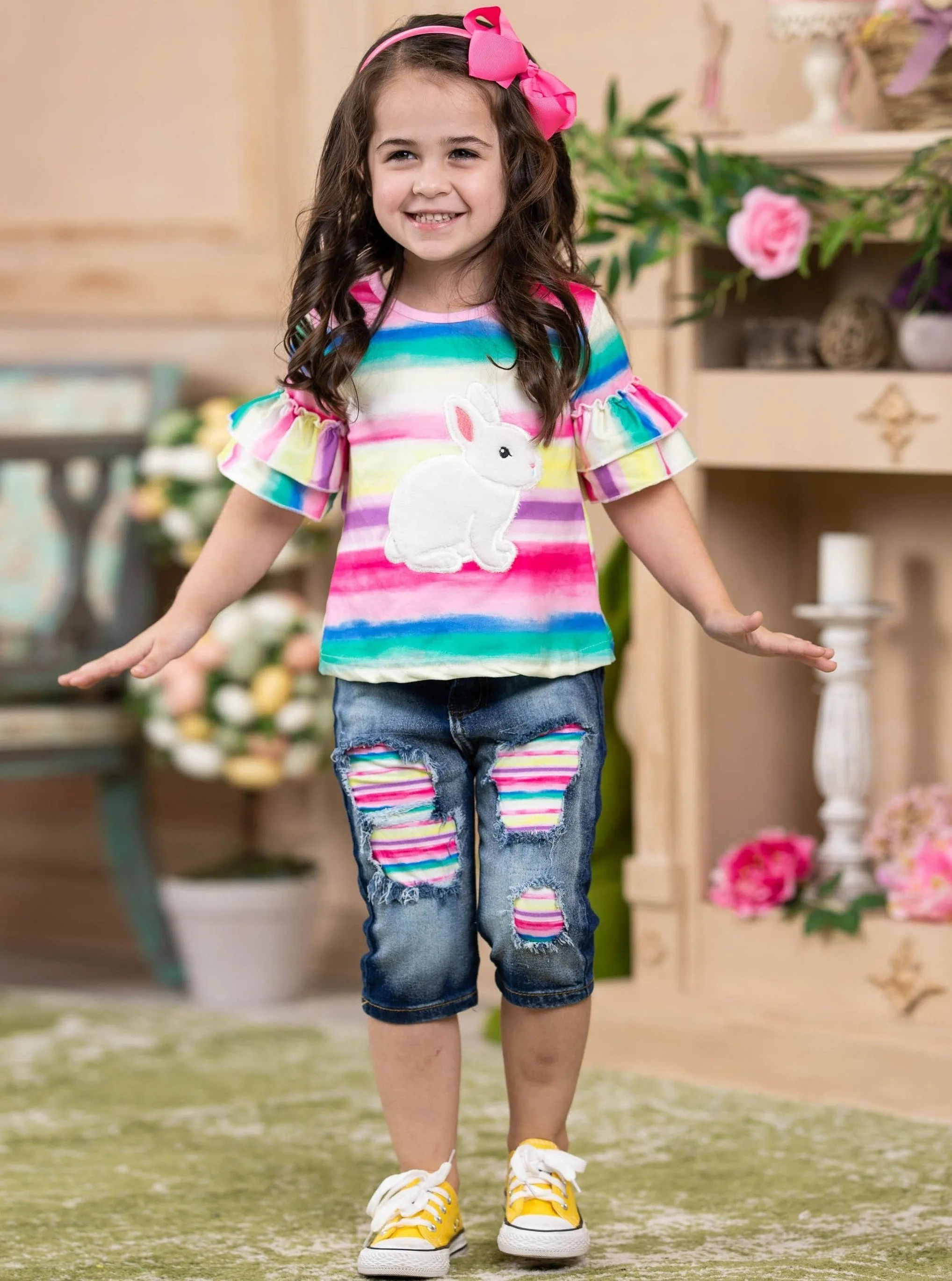 Bunny Time Rainbow Patched Jean Capris Set