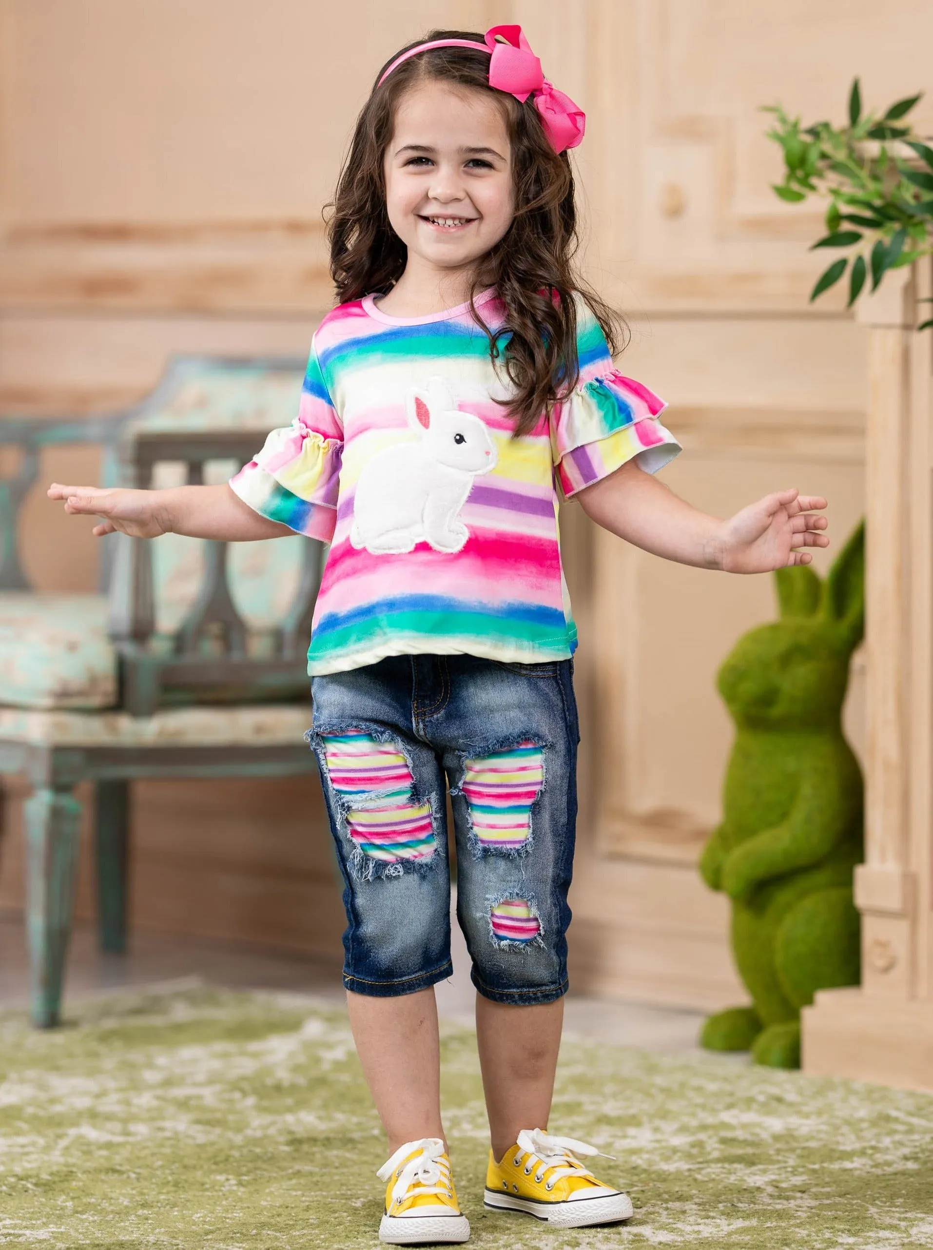 Bunny Time Rainbow Patched Jean Capris Set