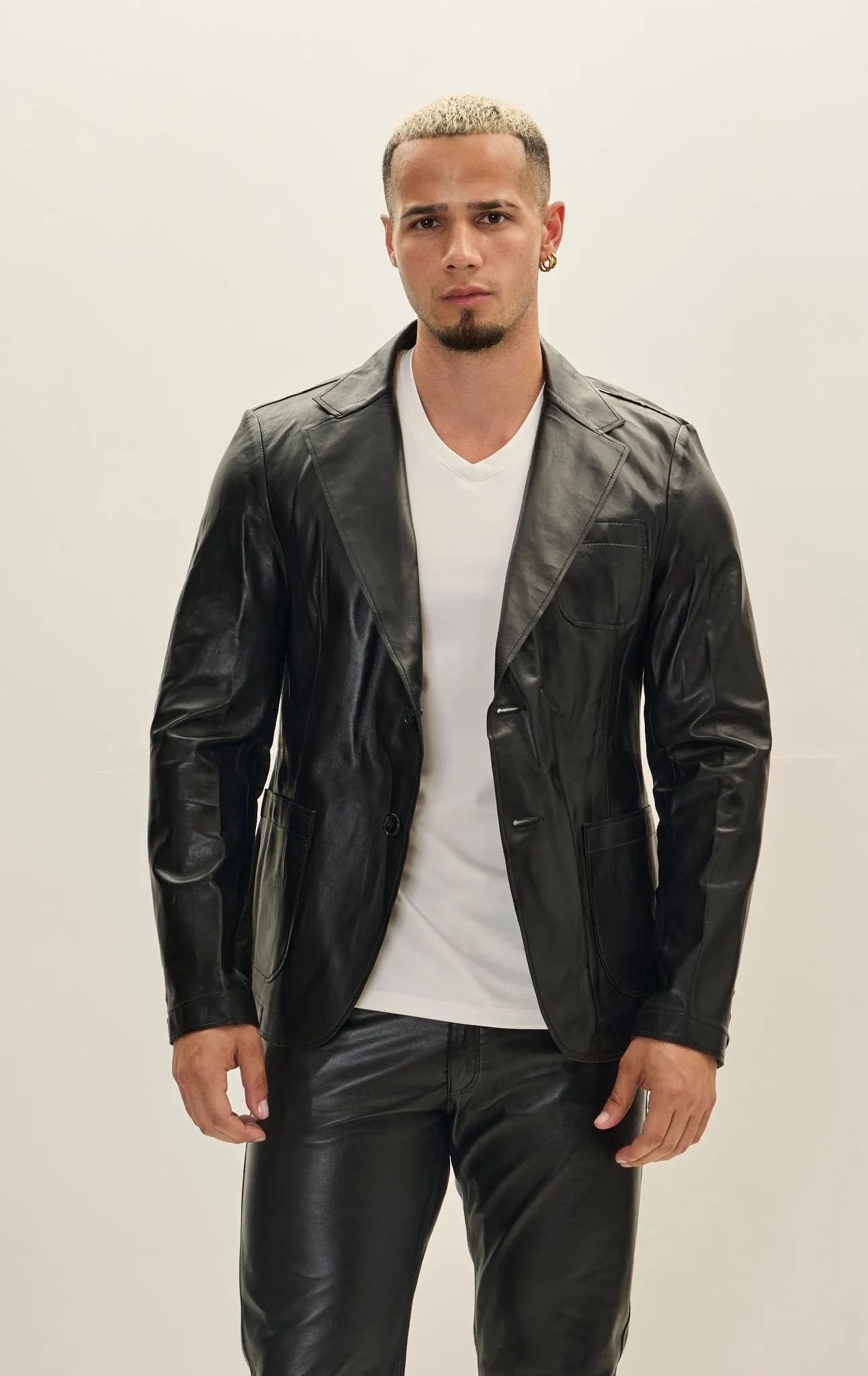 Classic Two-Button Leather Blazer - Black