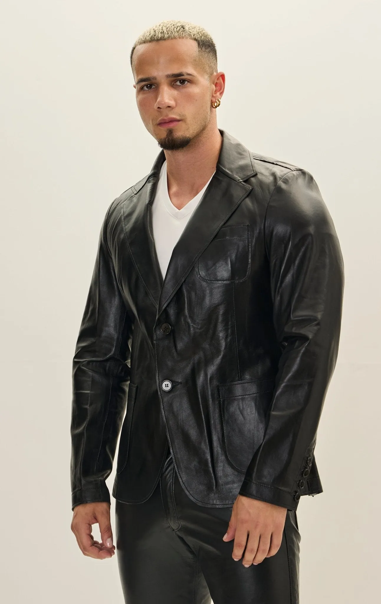 Classic Two-Button Leather Blazer - Black