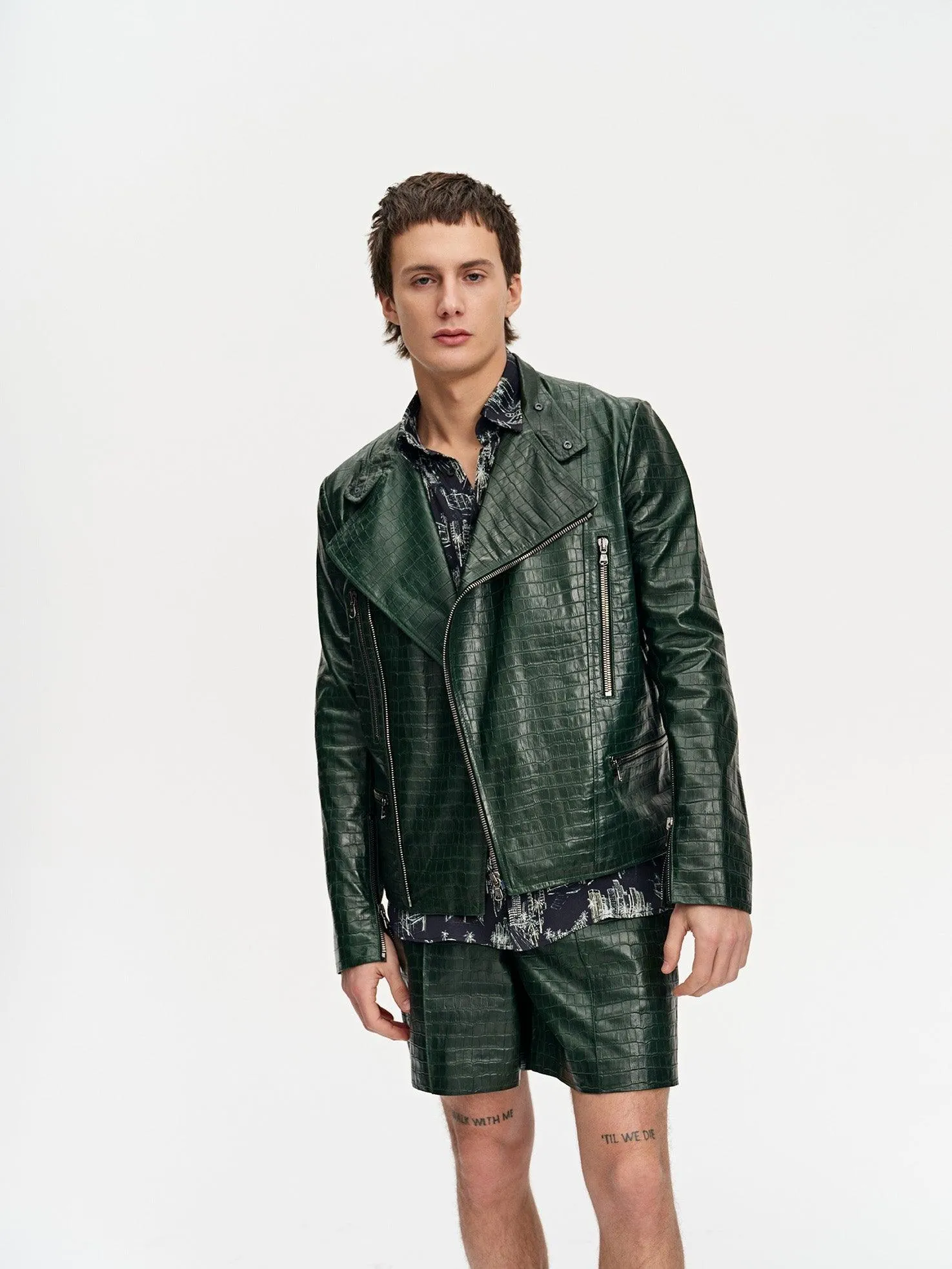 ﻿Croc-Embossed Leather Jacket For Men