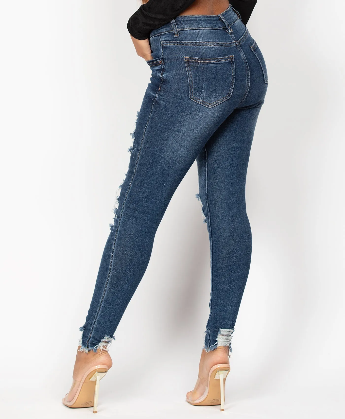 Denim Blue Classic Ripped High Waisted Frayed Hem Jeans