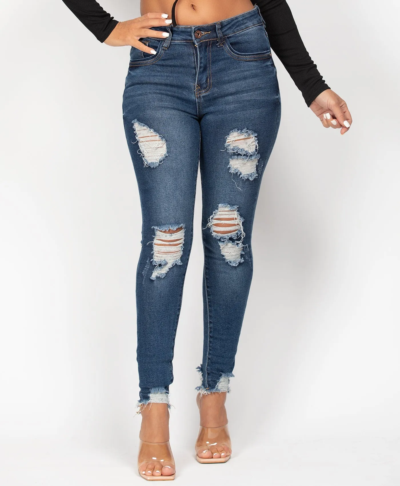 Denim Blue Classic Ripped High Waisted Frayed Hem Jeans