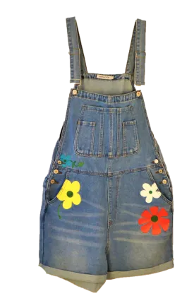 Denim Short Overall With Hand Painted Floral Accents