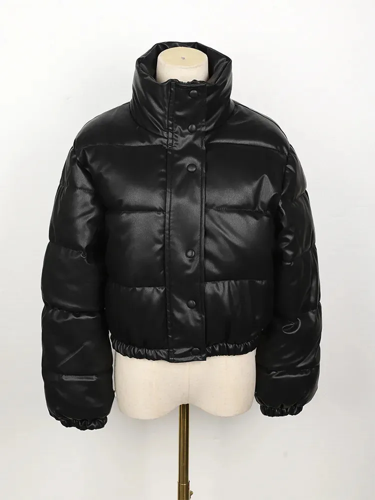 Faux Leather Stylish Puffer Short Jacket