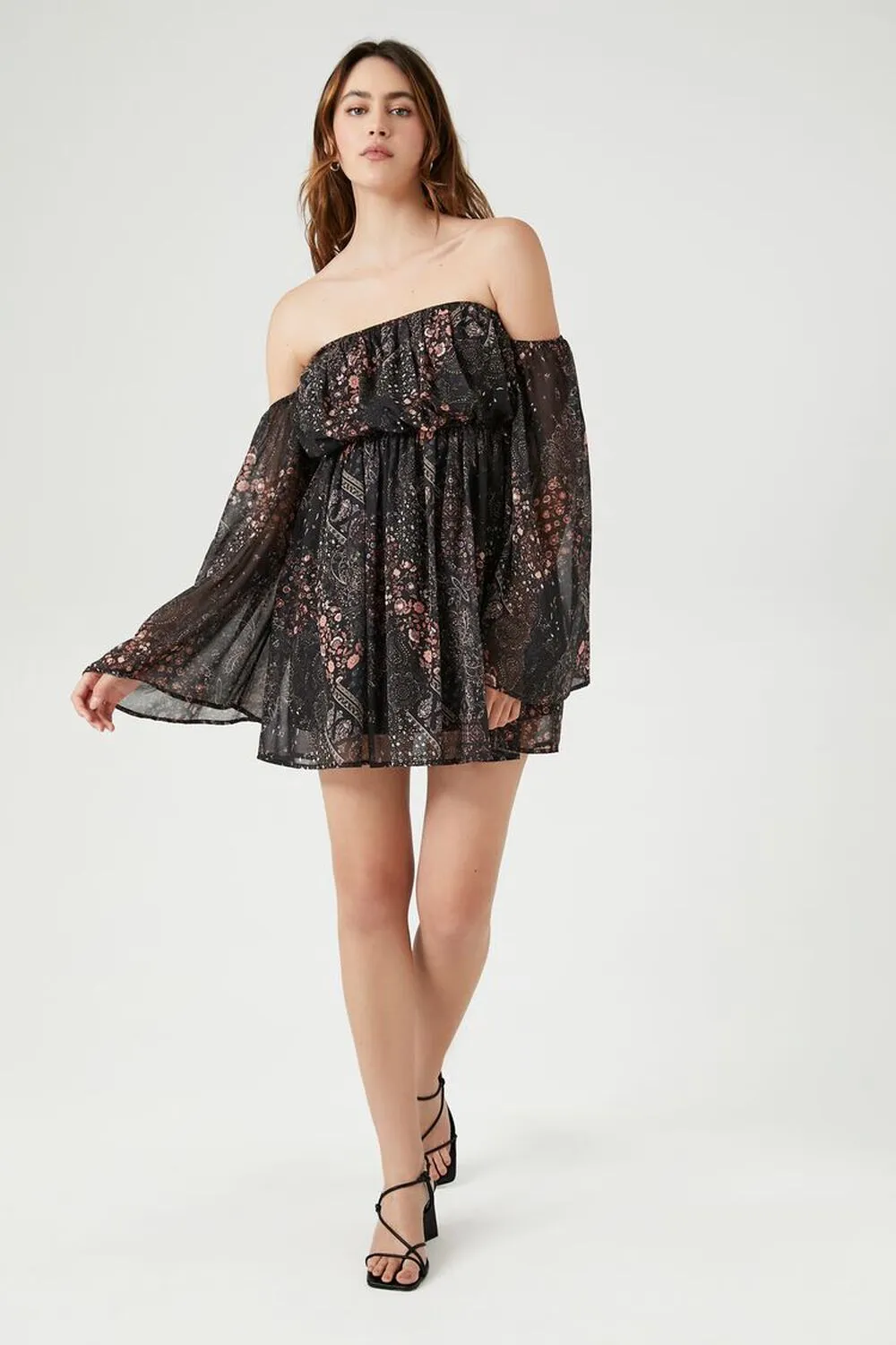 Forever 21 Paisley Off Shoulder Mini Dress, Black