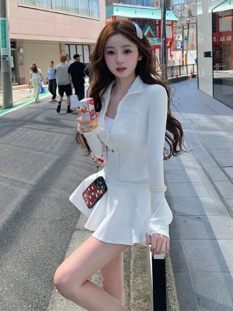 Girlary Japanese Fashion Sweet Sports Suits Women Casual Slim Coats Cute Mini Skirt Summer 2024 Sexy Hot Girl Pure Color Two Piece Set