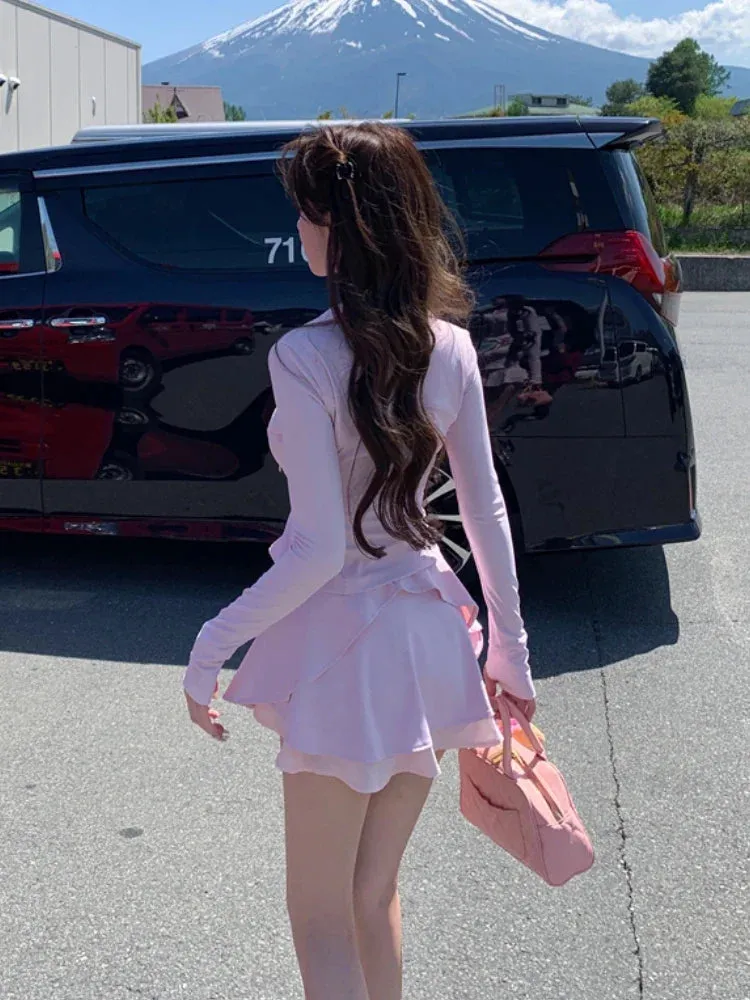 Girlary Japanese Fashion Sweet Sports Suits Women Casual Slim Coats Cute Mini Skirt Summer 2024 Sexy Hot Girl Pure Color Two Piece Set