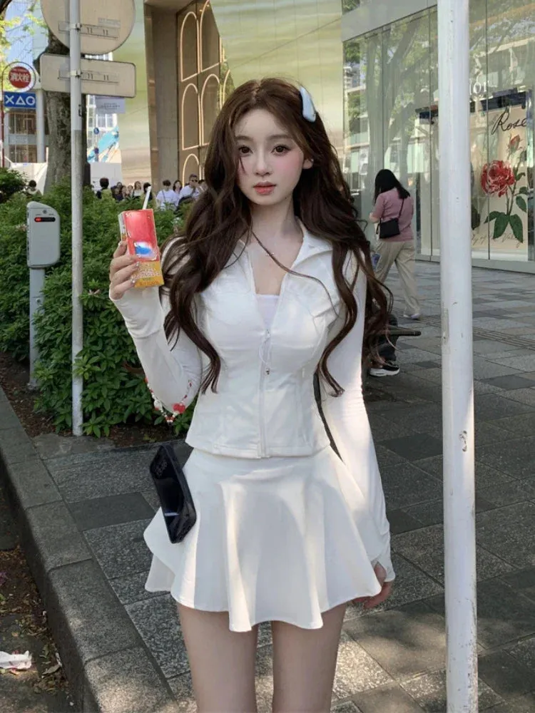 Girlary Japanese Fashion Sweet Sports Suits Women Casual Slim Coats Cute Mini Skirt Summer 2024 Sexy Hot Girl Pure Color Two Piece Set