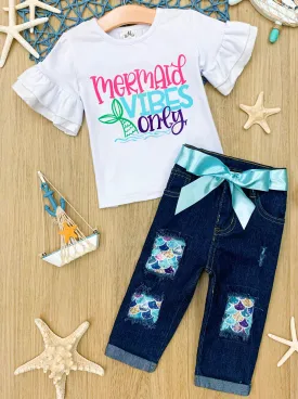 Girls "Mermaid Vibes Only" Ruffle Top and Patched Jeans Set with Sash