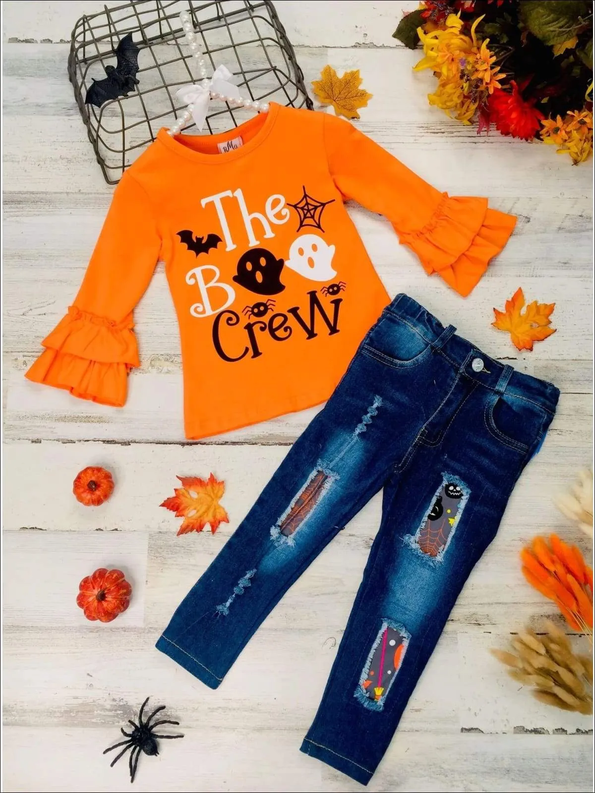 Girls "The Boo Crew" Long Ruffle Sleeve Top and Patched Jeans Set