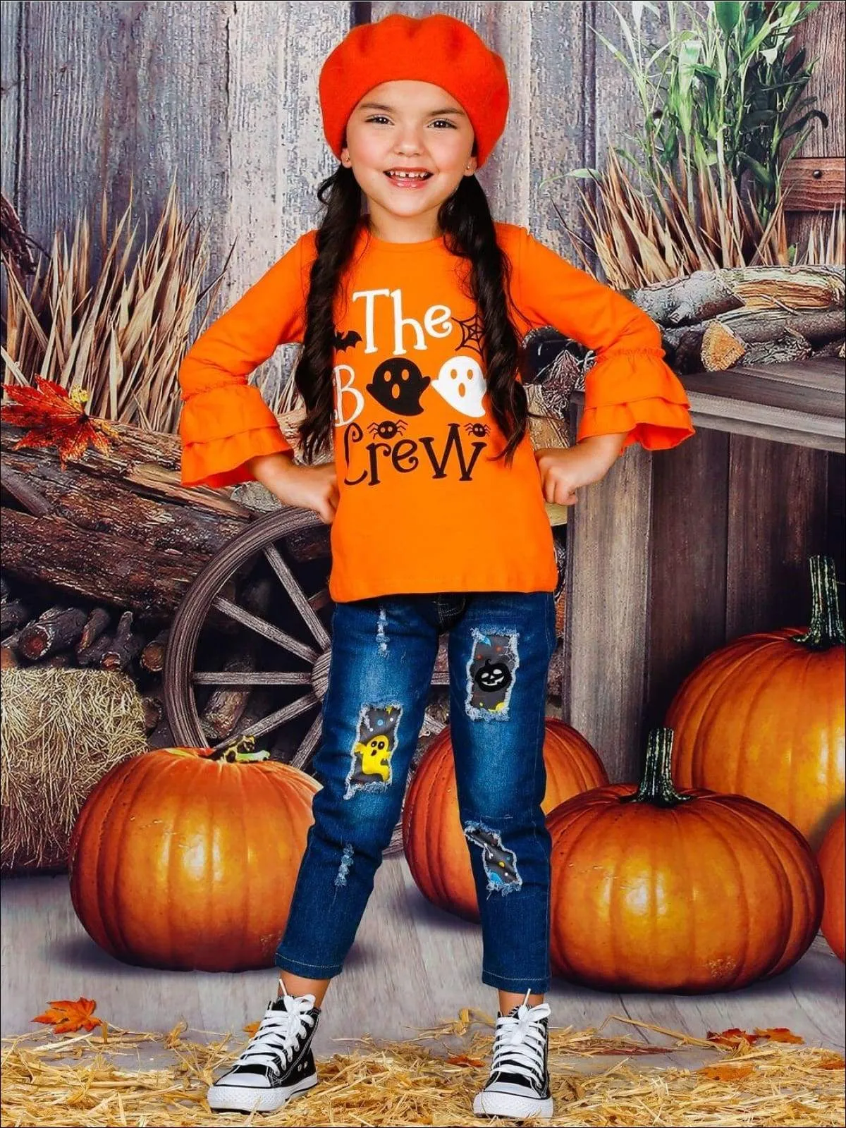 Girls "The Boo Crew" Long Ruffle Sleeve Top and Patched Jeans Set