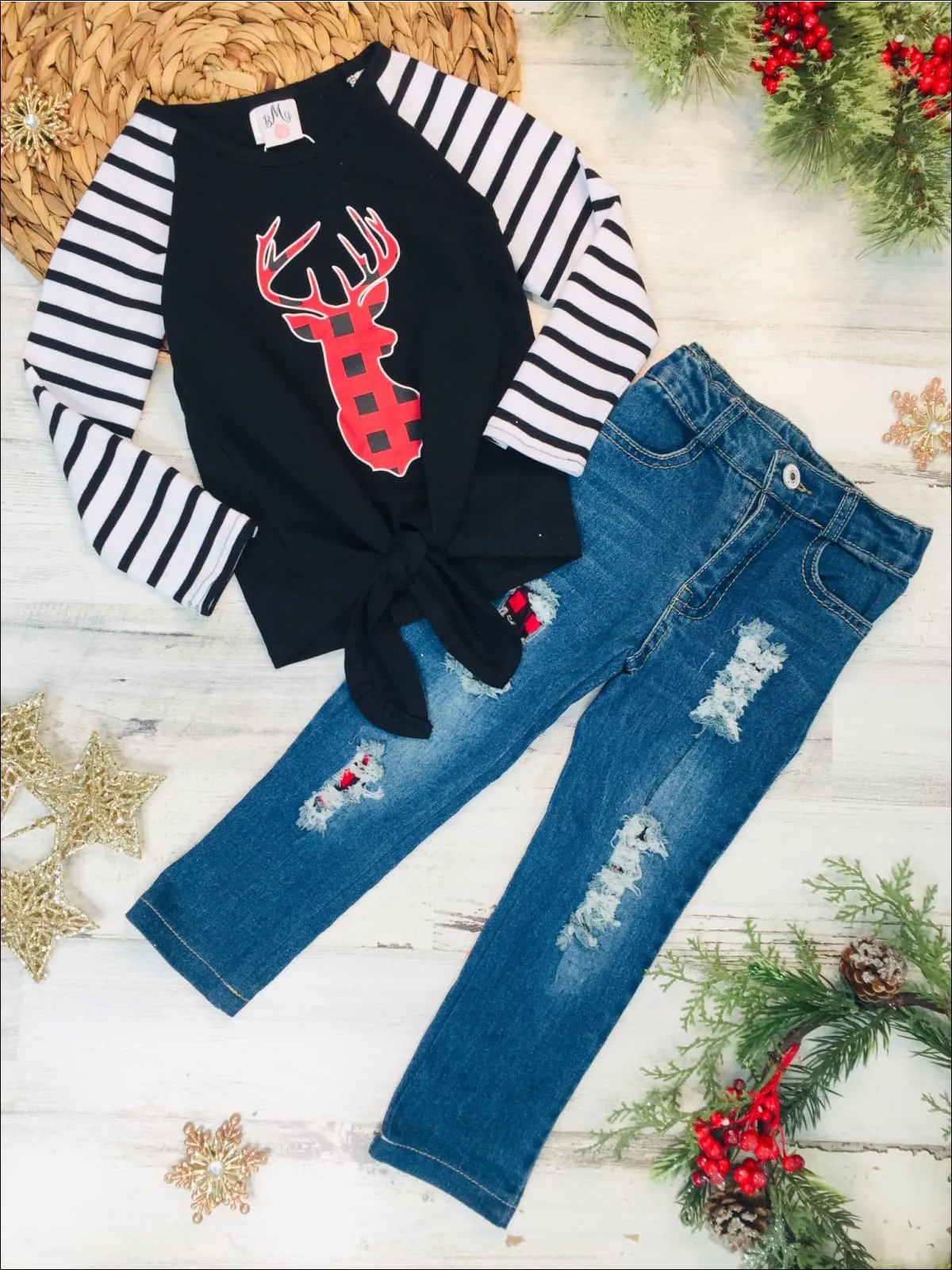 Girls Striped Sleeve Plaid Reindeer Knot Top And Ripped Jeans Set