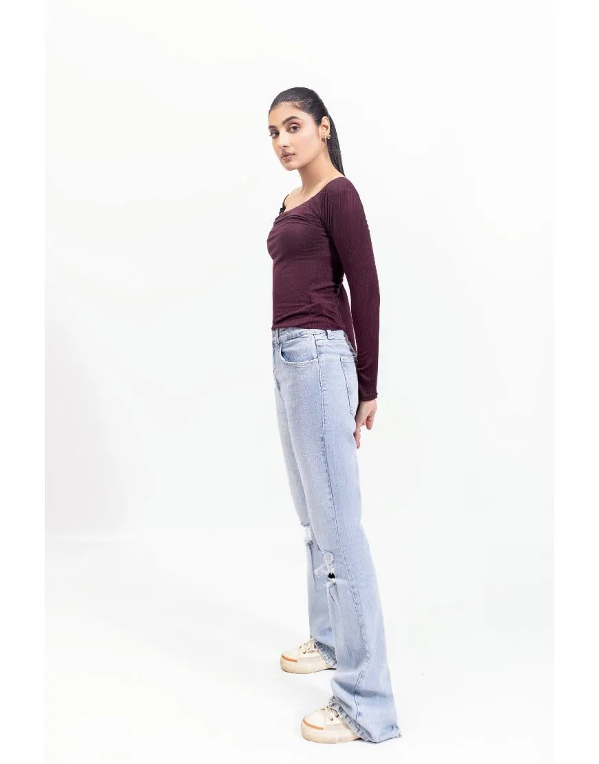 High Rise Ripped Flared Jeans-Light Blue