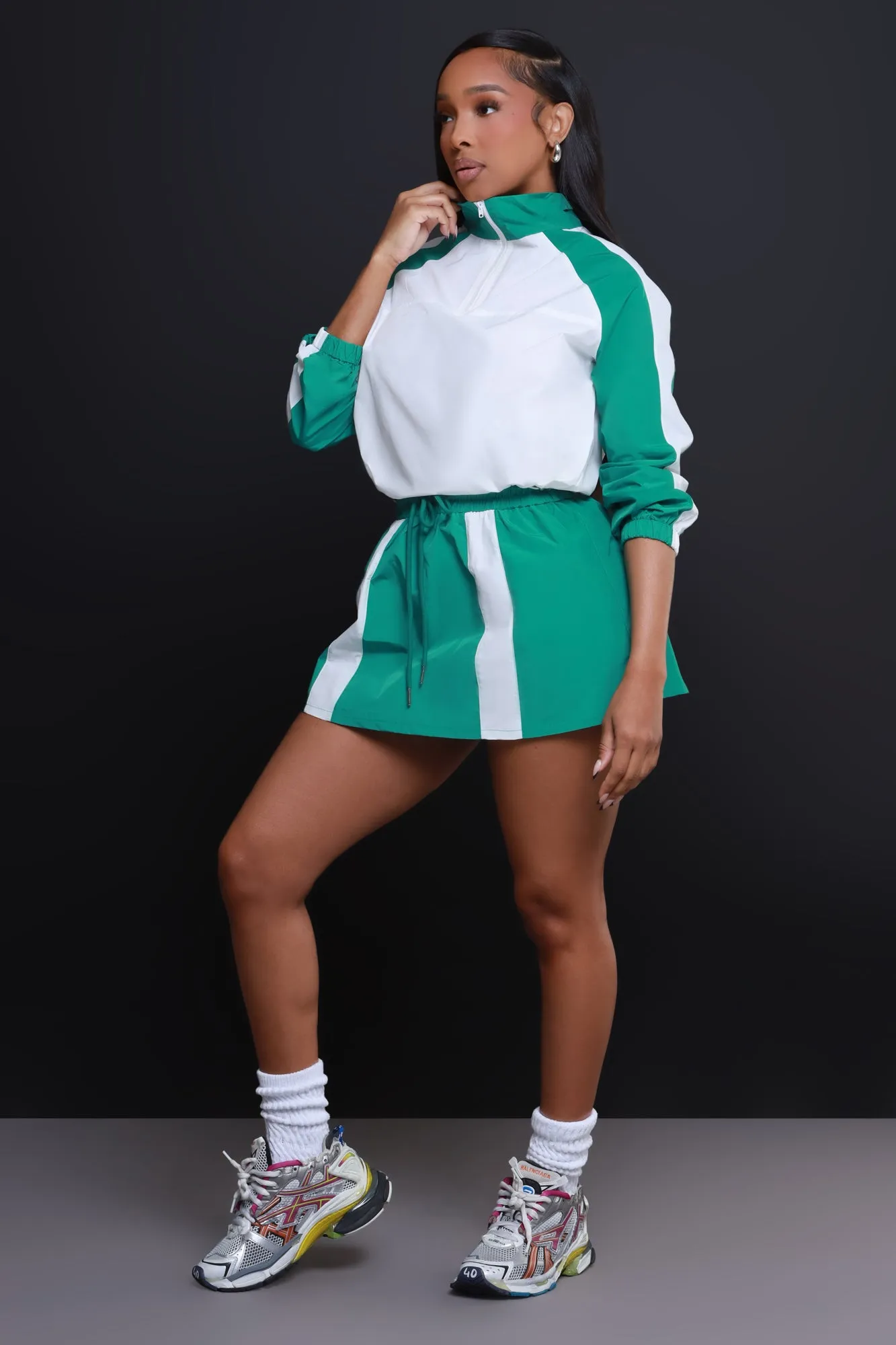 In The Mix Windbreaker Skirt Set - Green/White