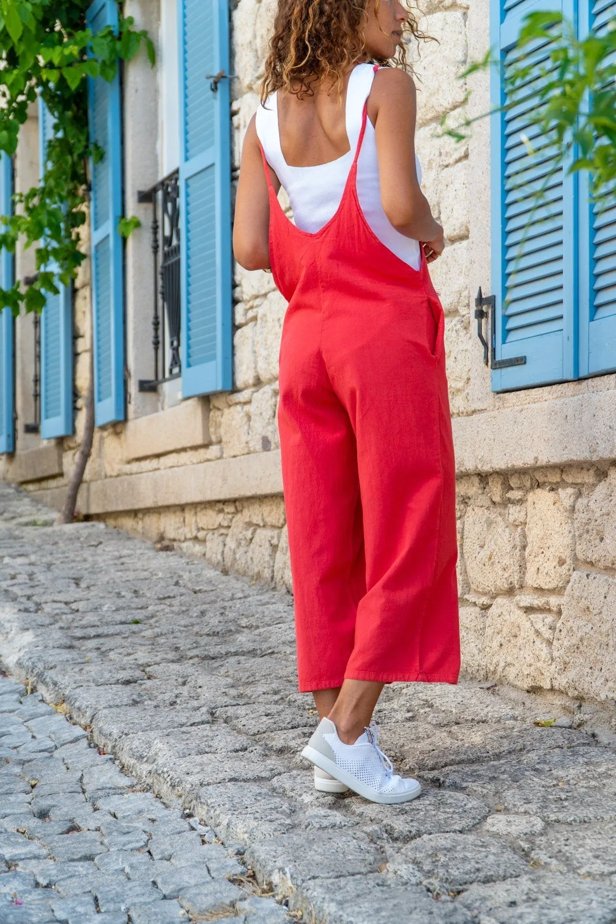 Linen Spaghetti Strap Pocket Boho Jumpsuit,Linen Overalls,Casual Jumpsuit,Summer,Loose Jumpsuit, Hippie Jumpsuit Wide Leg Jumpsuit(Rompers)